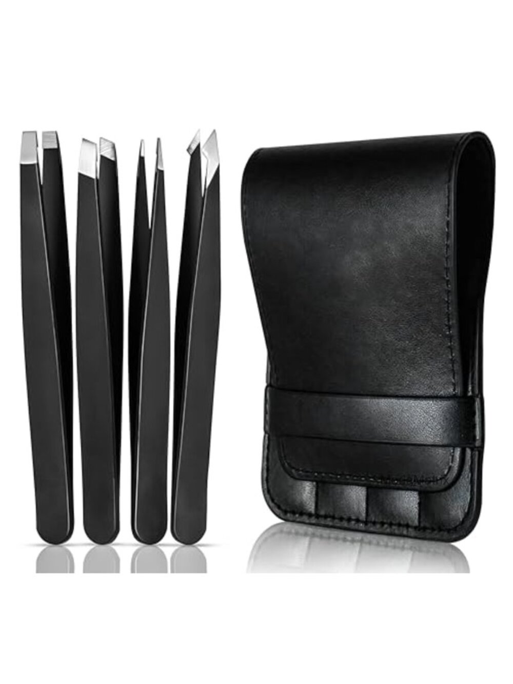 4-Piece Tweezers Set Stainless Steel Eyebrow Facial Hair Travel Case